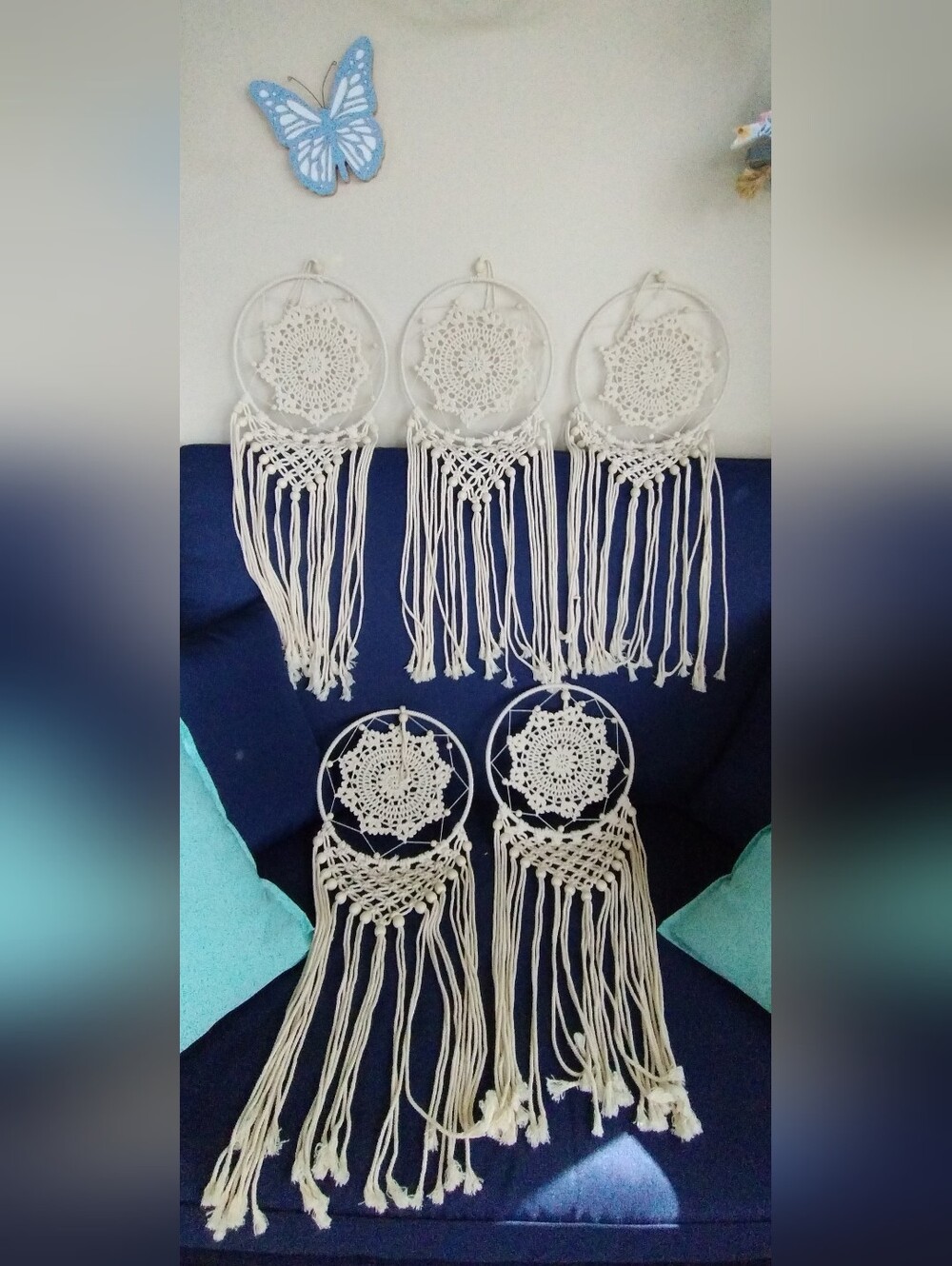 (5)White Macramé Dreamcatcher Wall Hanging Set